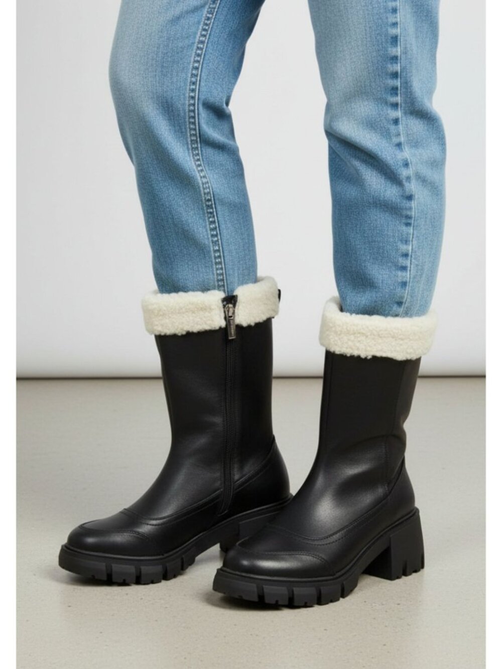 Black Mid-Calf Platform Boots With Shearling Trim & Side Zipper Closure